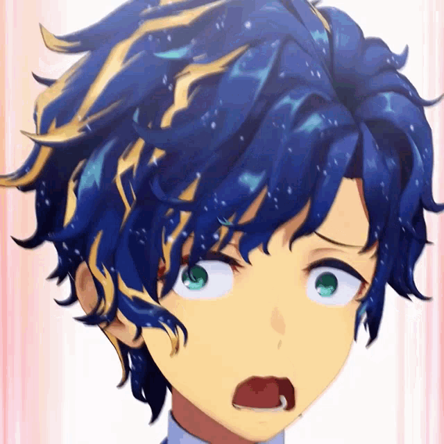 a close up of a anime character with blue hair and green eyes