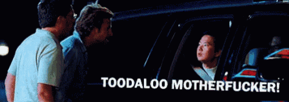 two men standing next to each other with the words toodaloo motherfucker