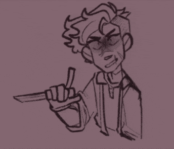 a drawing of a man in a suit holding a knife and giving the middle finger