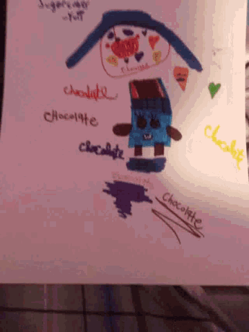 a child 's drawing of a house with chocolate written on the bottom