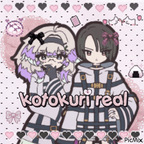 a couple of anime girls standing next to each other with the words " kotokuri real " written on the bottom