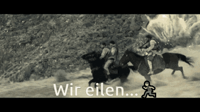 a man riding a horse with the words wir eilen written below him