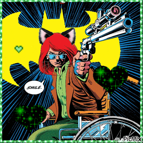 a cartoon of a woman in a wheelchair holding a gun with a speech bubble that says smile