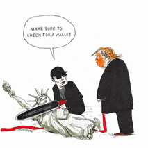 a cartoon of a man standing next to a statue of liberty