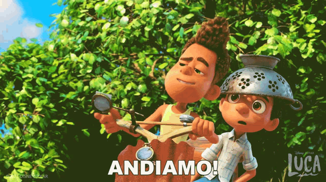 two cartoon characters from the movie luca are riding a bicycle