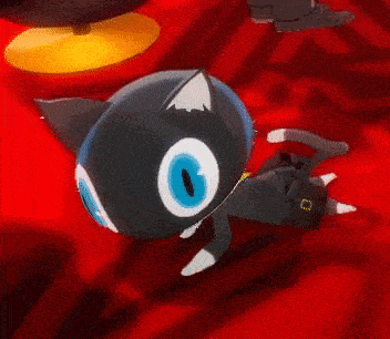 a cartoon cat with blue eyes is laying on a red carpet .