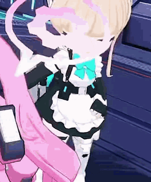 a girl in a maid costume is standing next to a pink robot .