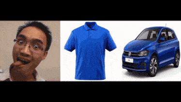 a man with glasses and a blue shirt next to a blue car