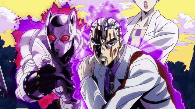 a man in a white suit is surrounded by purple and red smoke