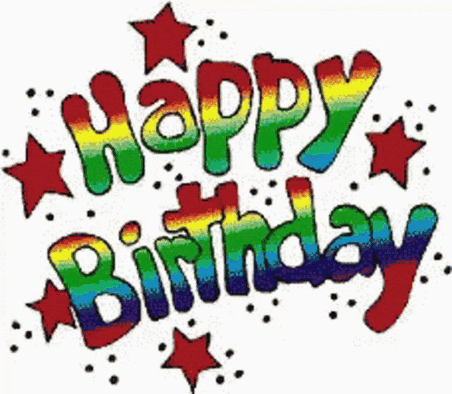 a rainbow colored happy birthday sign with red stars