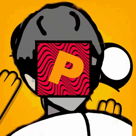a cartoon character with a red square with the letter p in it