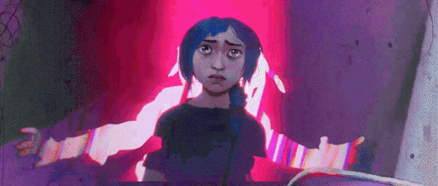a pixel art of a girl with blue hair standing in front of a purple background .