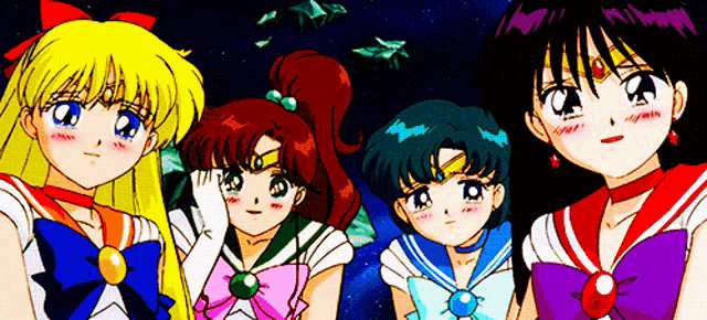 a group of anime girls are posing for a picture together
