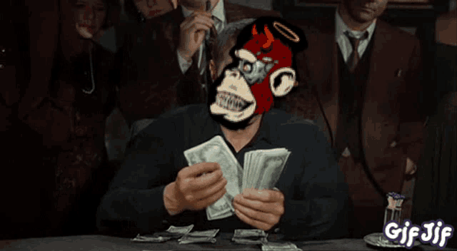 a gif of a man holding money with a monkey face on his head