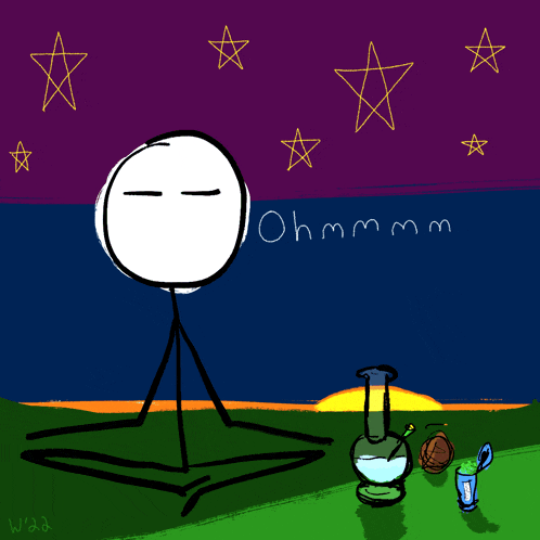 a drawing of a stick figure sitting in a lotus position with a bong and the words ohmmmm written below him