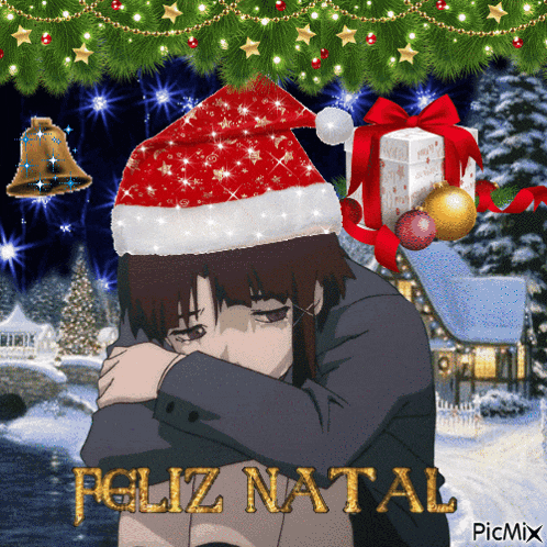 a christmas card with a person wearing a santa hat and the word feliz natal