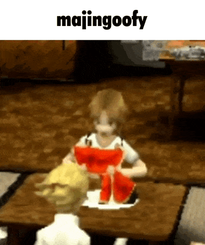 a cartoon character is sitting at a table holding a red item and the words majingoofy are above him .