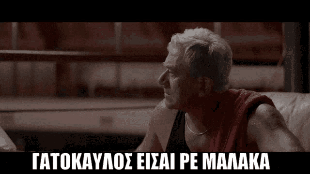 a man is sitting on a couch with the words " gatokaulos eisai pe malaka " written on the bottom