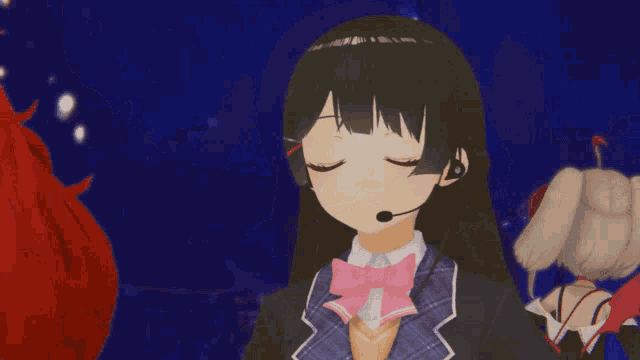a girl with a microphone on her ear is making a funny face
