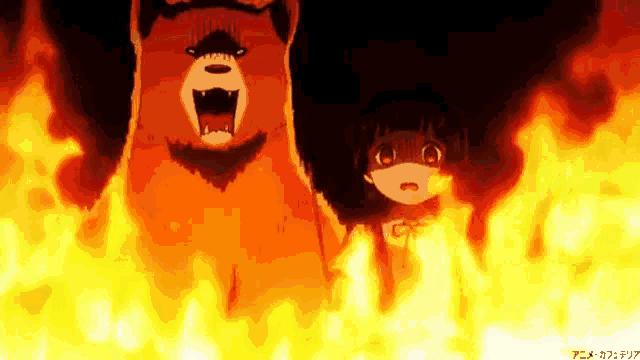 a girl is standing next to a bear that is on fire .