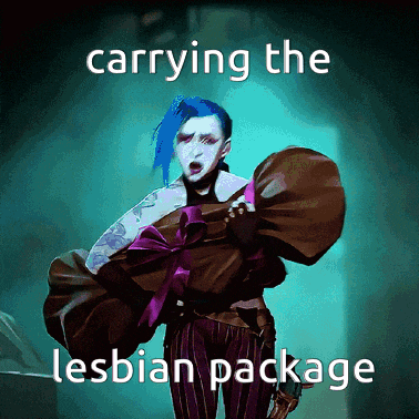 a woman with blue hair is carrying a large bag that says carrying the lesbian package on it