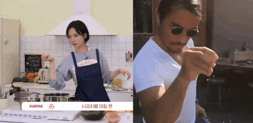 a woman cooking in a kitchen next to a man wearing sunglasses and a label that says karina