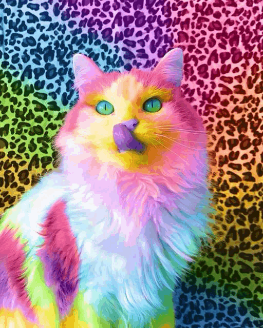 a painting of a colorful cat with a leopard print background