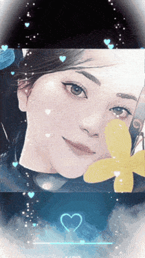 a picture of a woman with hearts around her and a yellow flower
