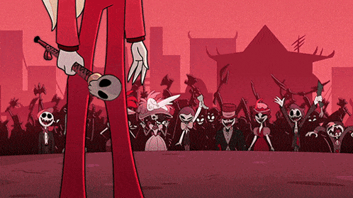 a cartoon character in a red suit holding a skull