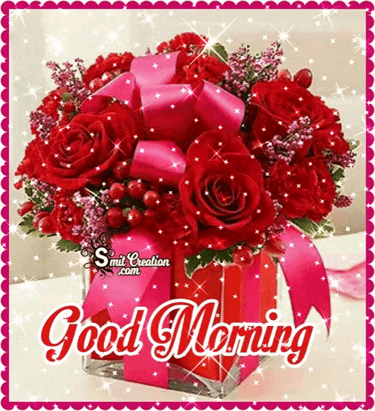 a bouquet of red roses with a pink bow and the words " good morning "