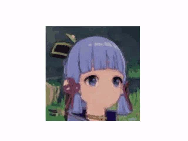 a close up of a cartoon character with purple hair .