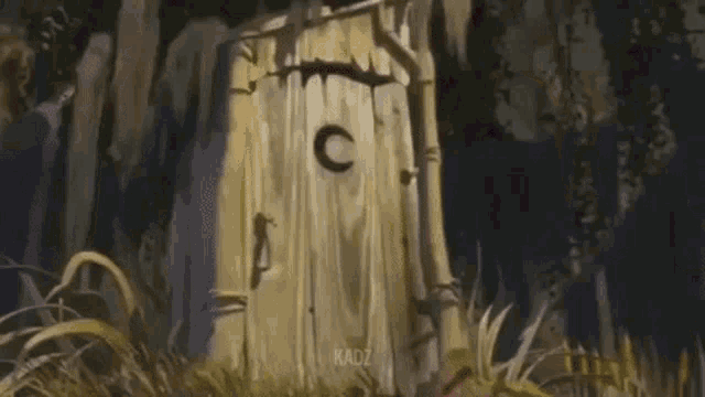 a cartoon character is standing in front of a wooden outhouse in the woods .