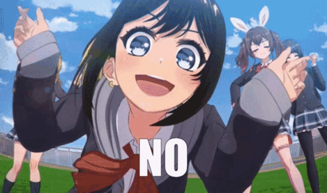a girl in a school uniform says " no " in front of a group of girls