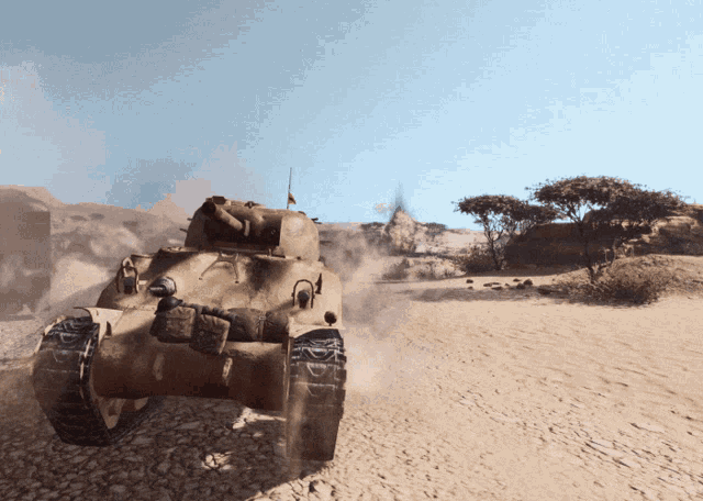 a tank is driving through a desert landscape