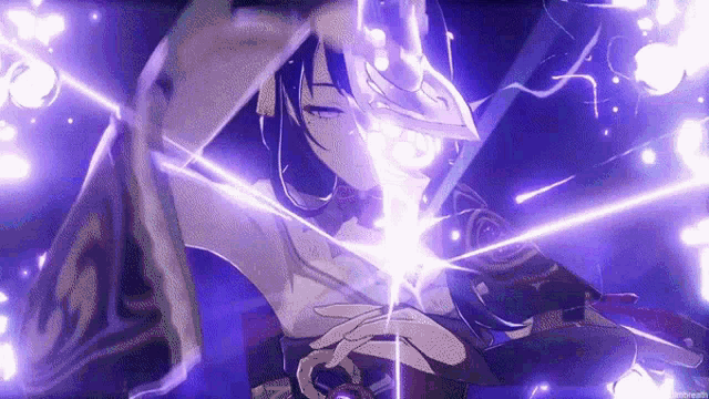 a person is holding a sword in their hand and a purple light is coming out of their hand .