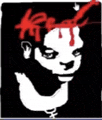 a black and white silhouette of a person 's face with blood on it .