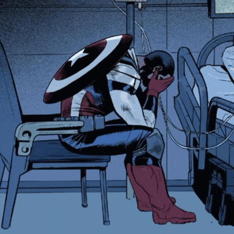 a cartoon of captain america sitting in a chair with his head in his hands