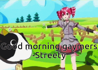 a cartoon of a girl standing next to a cow with the words good morning gaymers streety on the bottom