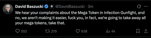 a twitter post by david baszucki says we hear your complaints about the mega token in infection gunfight