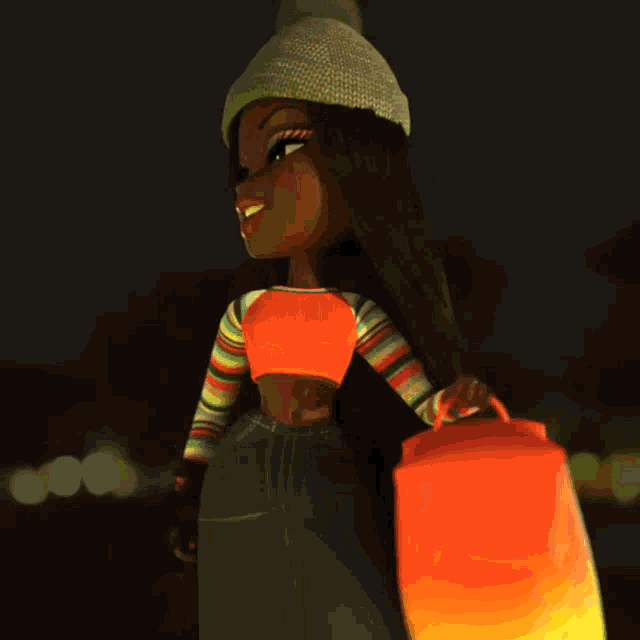 a cartoon doll is holding a lantern and wearing a hat