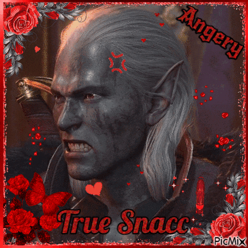 a picture of a man with a sword and the words true snacc on it