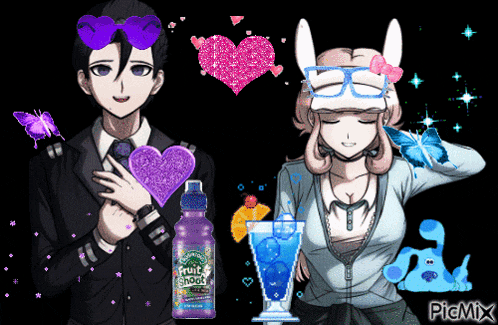a couple of anime characters with a bottle of fruit shoot