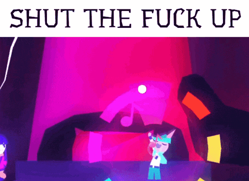 a cartoon character singing into a microphone with the words shut the fuck up