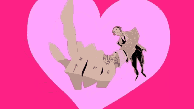a cartoon drawing of a man laying on a pink heart with the letter e on his hand