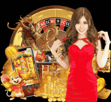 a woman in a red dress is standing in front of a roulette wheel with the number 6 on it