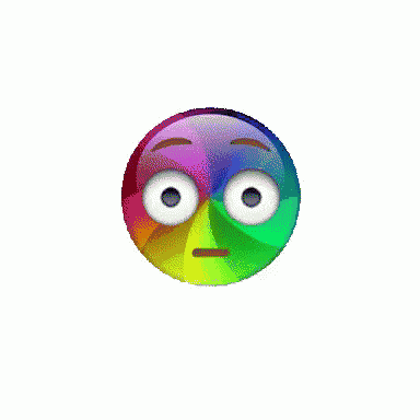 a rainbow colored smiley face with white eyes and brown eyebrows on a white background