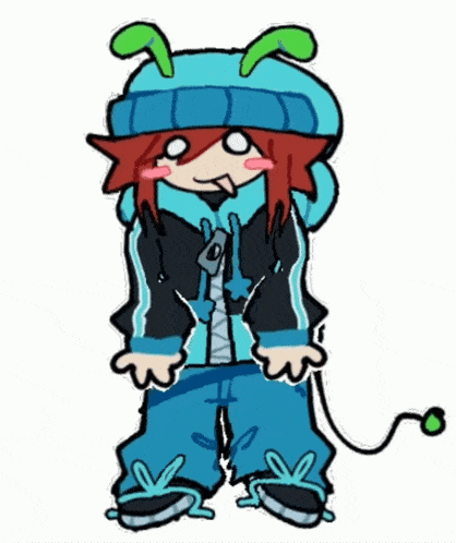 a drawing of a person wearing a blue hat and pants
