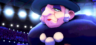a cartoon character wearing a blue hat and a purple topcoat