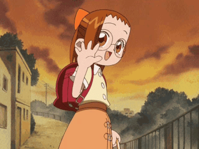 a cartoon girl with glasses and a red backpack