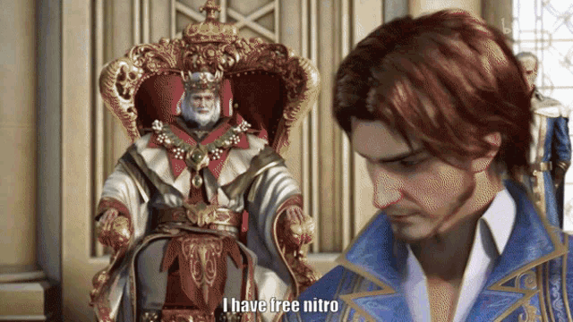 a man in a blue coat says i have free nitro next to a king on a throne
